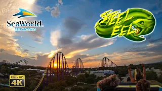 Steel Eel Roller Coaster at Sunset On Ride Back Seat Ultra HD 4K POV SeaWorld San Antonio 2020-09-06