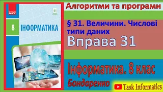 Вправа 31. Величини. Числові типи даних | 8 клас | Бондаренко