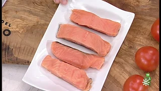 Cómetelo |  Brocheta de salmón y pulpo con verduras