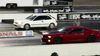 White Honda Civic Hatchback Vs. Red Chevrolet Camaro Drag Race - Las Vegas 6-2-2023 - 4K UHD