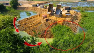 Whole project!! Landfill by KOMATSU Bulldozer Pushing Soil & Truck 5 Ton Spreading​ To Water