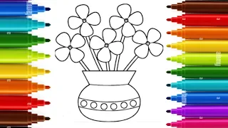 how to draw a flower pots with flowers/easy drawing art colouring for kid's 🌈🖌️🌹