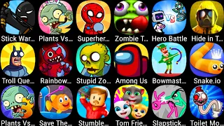 Save The Fish,Tom Friends,Toilet Monster,Plants Vs Zombies 3,Stumble Guys,Rainbow Garten Survivor