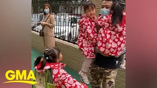 4-year-old triplets jump into dad’s arms after his return from a business trip | GMA