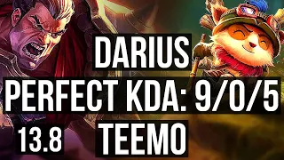 DARIUS vs TEEMO (TOP) | 9/0/5, 1.3M mastery, Legendary, 300+ games | KR Master | 13.8