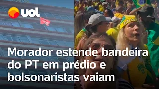 Manifestação em Copacabana: Morador estende bandeira do PT e apoiadores de Bolsonaro vaiam
