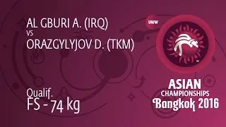 Qual. FS - 74 kg: A. AL GBURI (IRQ) df. D. ORAZGYLYJOV (TKM), 2-0