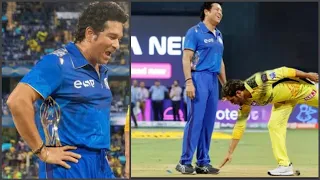 Sachin tendulkar shocking reaction when ms dhoni touch his feat during CSK vs Mi match