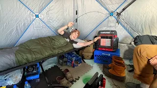 24 Hour Ice Camping In Portable Fishing Shack! (Underwater Footage)