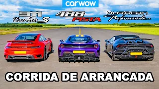 Porsche 911 Turbo S vs Ferrari 488 Pista vs Lamborghini Huracán Performante - CORRIDA DE ARRANCADA