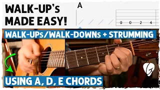 WALK-DOWNS and WALK-UPS + Strumming in Key of A (A D E chords) WALKING BASSLINE Guitar Tutorial