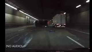 DASH CAM TUNNEL FLIP! Truck caught on camera flipping over on its side! Boston MA