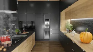 Concept kitchen with central island in a modern style and presentation with 3D animation