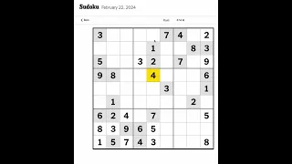 New York Times Sudoku Hard for February 22, 2024.  Just me mumbling and solving