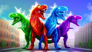 Jurassic War: Epic Battle of 4 Color Super Dinosaurs in the City! Dinosaur Fights Jurassic Cartoons