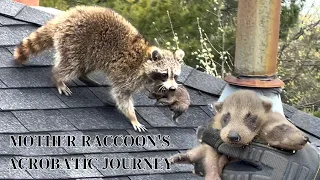 Scaling Heights: Incredible Footage of a Mother Raccoon's Acrobatic Journey with Her Baby!