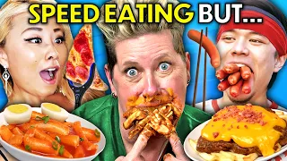 Speed Eating Challenge But They Can't Use Their Hands! (Matt Stonie, Joey Chestnut, RainaIsCrazy)