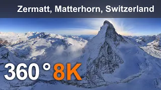 Zermatt, Matterhorn, Switzerland. Aerial 360 video in 8K.