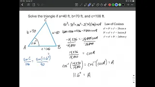 Law of Cosines used to solve triangle SSS side-side-side case find all angles