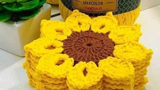 Crochet sunflower 🌻🌻 easy doily coaster tutorial - woolen flower - large flower crochet free pattern