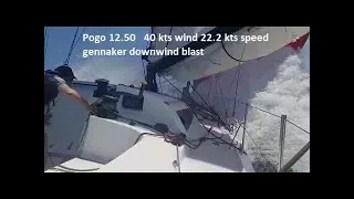 Pogo 12.50  2017 22.2 boatspeed - 40 knots windspeed gennaker downwind - Greece