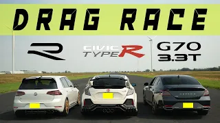 Tuned Genesis G70 vs Tuned Civic Type R vs Tuned Golf R, close but not close.Drag and Roll Race.