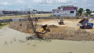 part 6 Team KOMATSU DR51PX Bulldozer Pushing Tree & Stone Into Water Fill The Land with damptruck 5t