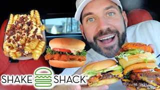 trying SHAKE SHACK new buffalo chicken sandwich, burgers, and fries mukbang