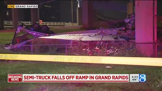 Semi-truck falls off ramp in downtown Grand Rapids