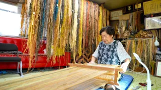 The process of making Nibutani Attushi, a traditional Japanese cloth by 82-year-old craftsman .