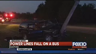 Power line falls on bus