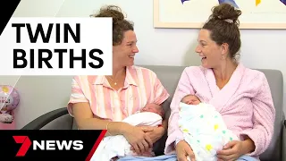 Identical siblings give birth just minutes apart | 7 News Australia