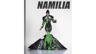 Model Greta Zhekova can't walk in her huge mermaid dress at Namilia Fall/Winter 2017 fashion show