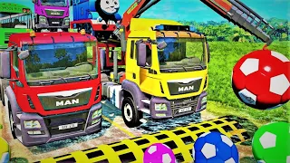 Double Flatbed Trailer Truck rescue Bus - Long Cars vs Stairs Colors - Big & Small Cars Transporting