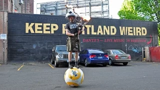 Man Balances on BB-8 Droid and Plays Star Wars on Flame Shooting Bagpipes
