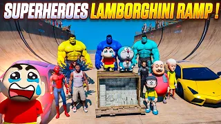 LAMBORGHINI MEGA RAMP CHALLENGE WITH SHINCHAN DORAEMON NOBITA & AVENGERS😱SHINCHAN CRIED FULL FUN🤣