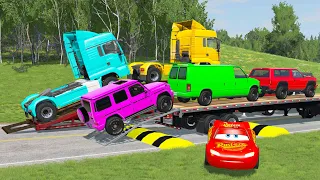 Double Flatbed Trailer Truck cars vs rails tractor vs train cars vs bollards Beamng Drive #7