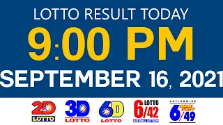 Lotto Results Today September 16 2021 9pm Ez2 Swertres 2D 3D 6D 6/42 6/49 PCSO