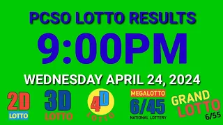 9pm Lotto Results Today April 24, 2024 Wednesday ez2 swertres 2d 3d pcso