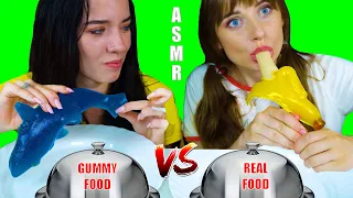 ASMR GUMMY FOOD VS REAL FOOD CHALLENGE (Shark, Corn, Pretzel, Banana, Spaghetti) EATING SOUNDS