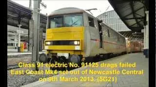 East Coast Class 91 No 91125 drags East Coast Mk4 set out of Newcastle Central - 9th March 2013