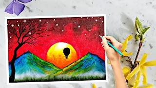 sunset scenery drawing with oil pastel colour/how to draw sunset scenery with air balloon