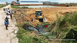 Amazing Land Filling On Mud Of Side Road Process Power Shantui DH17 Bulldozer With 24Ton Dump Trucks