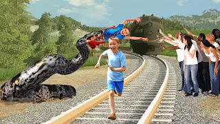 Crying Kid Stops The Train Attacked by Anaconda 🐕 Dog Saves the Kid - BeamNG Drive