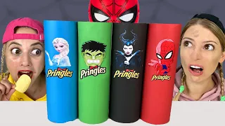 Mukbang Giant Mysterium Pringles 프링글스를 먹으면 무엇으로 변할까요! 마법 Elsa Frozen VS Hulk   By MIU