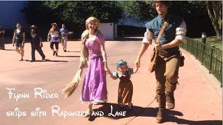 Flynn Rider tries to skip with Rapunzel and Lane