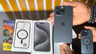 iPhone 15 Pro Max Black Titanium Aesthetic Unboxing: Clear Magnetic Black Case And Screen Guard