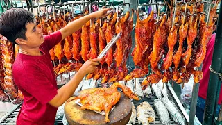 Boy Fast Skill Cutting Grilled Duck Meat, Salt Crust Fish, Pig's Rib | Cambodian Street Food