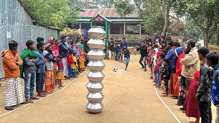 ফুটবল শট দিয়ে পাতিলের টাওয়ার ভাঙার চ্যালেঞ্জ। গ্রামের ছোট ছেলেদের অসাধারন মজার খেলা। We Explore