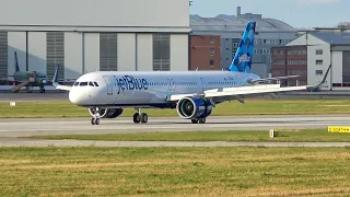 (4K) Brand new JetBlue A321N take-off and landing at Hamburg Finkenwerder airport